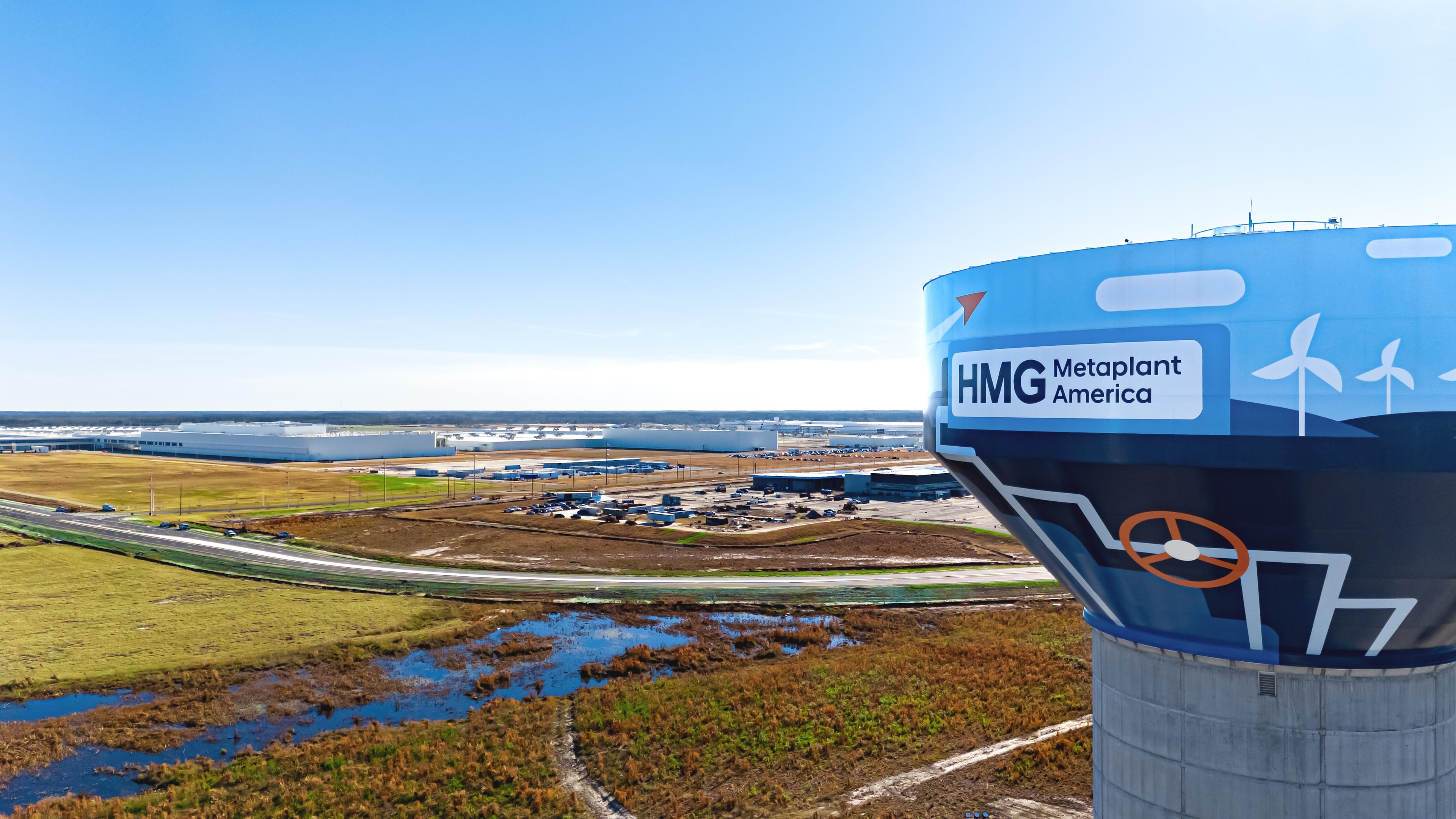 A water tower stands on the edge of the Hyundai Metaplant property near Savannah. Hyundai's operations require as much as 4 million gallons of freshwater daily. (Courtesy of Hyundai Motor Group Metaplant America)