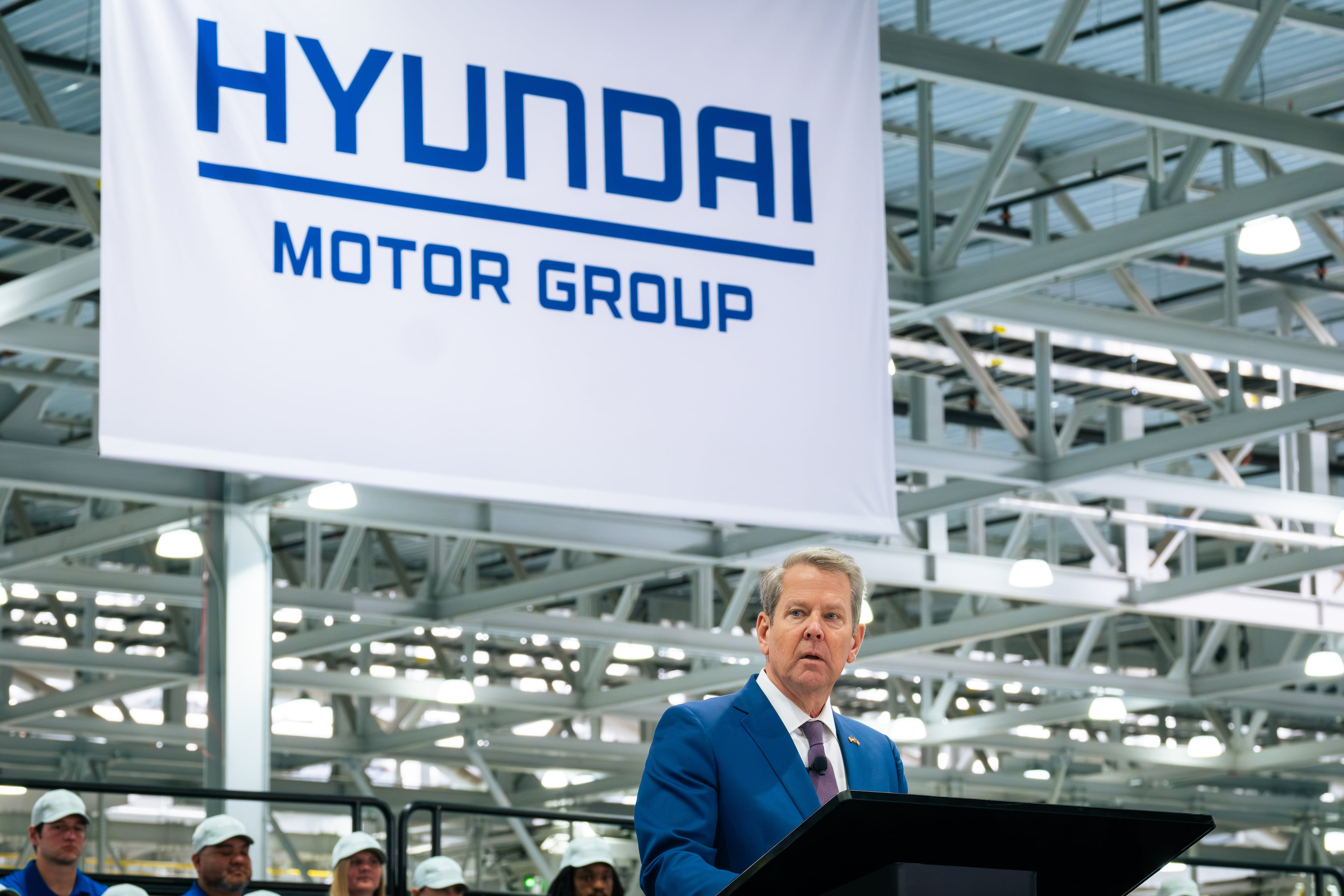 Gov. Brian Kemp speaks during the grand opening of the Hyundai Metaplant in Bryan County on Wednesday, March 26, 2025. Kemp has repeatedly touted recruiting Hyundai’s projects to Georgia. (Justin Taylor/The Current GA)